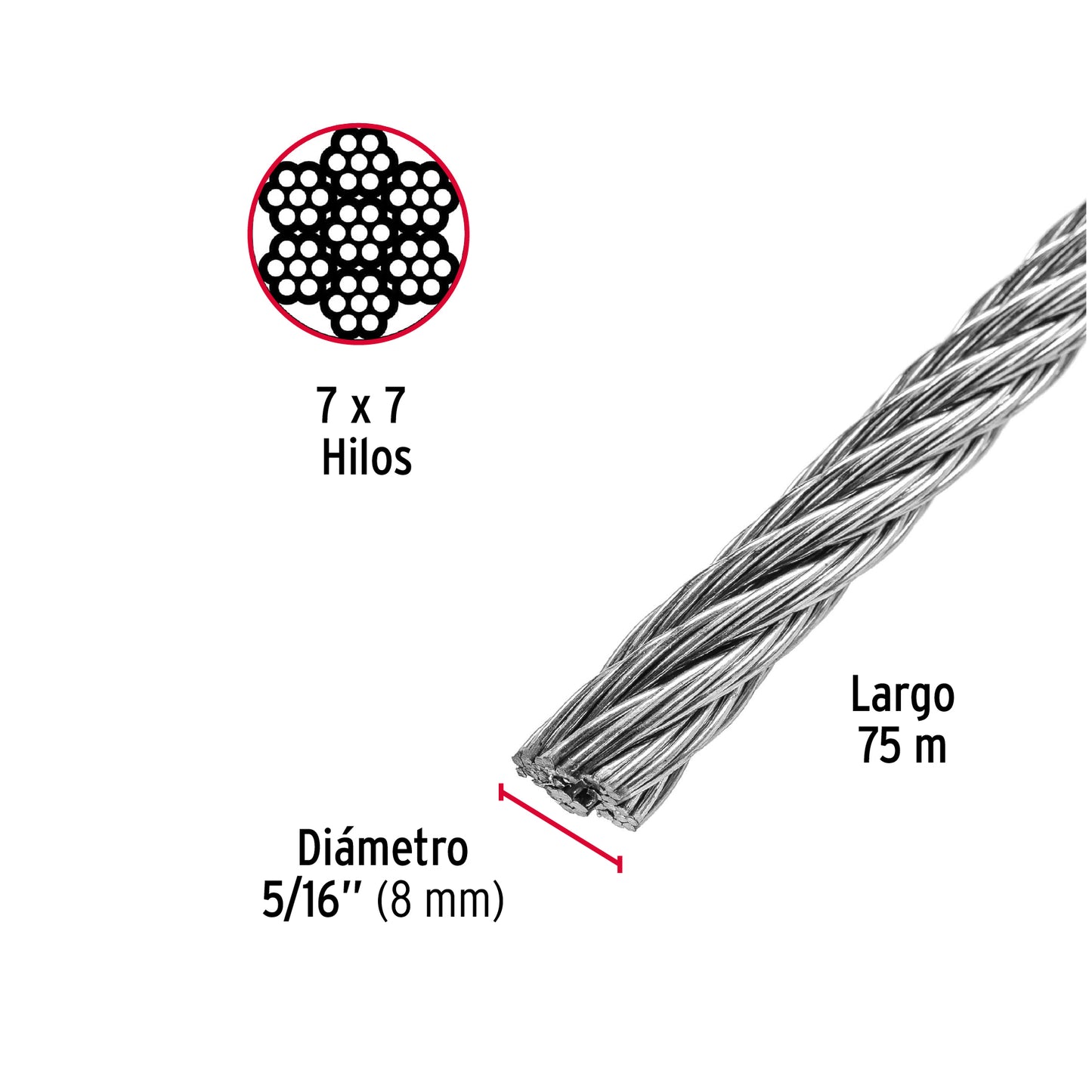 Metro de cable rígido 5/16' de acero 7x7 hilos, 75 m, Fiero CAB-5/16R 48813 MM00