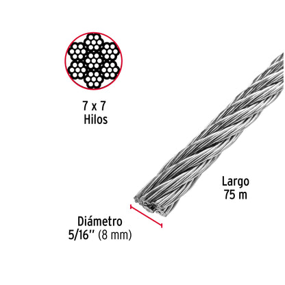 Metro de cable rígido 5/16' de acero 7x7 hilos, 75 m, Fiero CAB-5/16R 48813 MM00