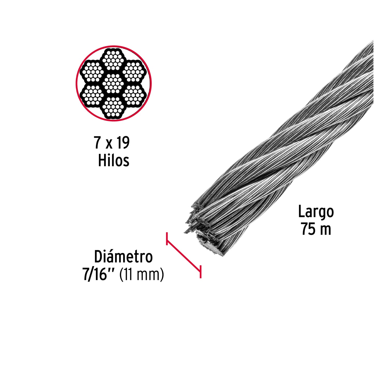 Metro de cable flexible 7/16' de acero 7x19 hilos, 75 m CAB-7/16F 48818 MM00