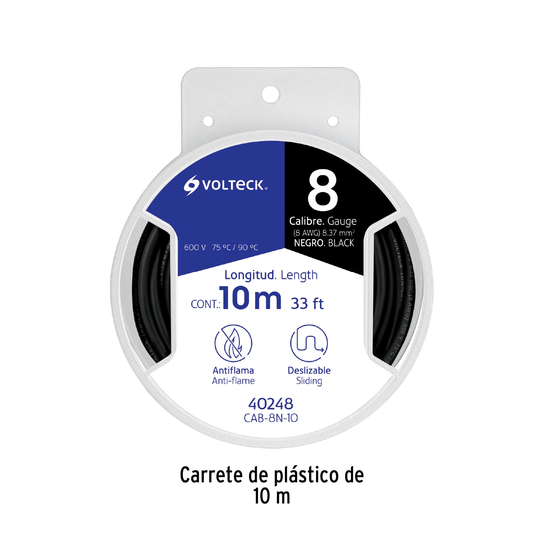 Carrete con 10 m de cable THHW-LS 8 AWG negro, Volteck CAB-8N-10 40248 MM1