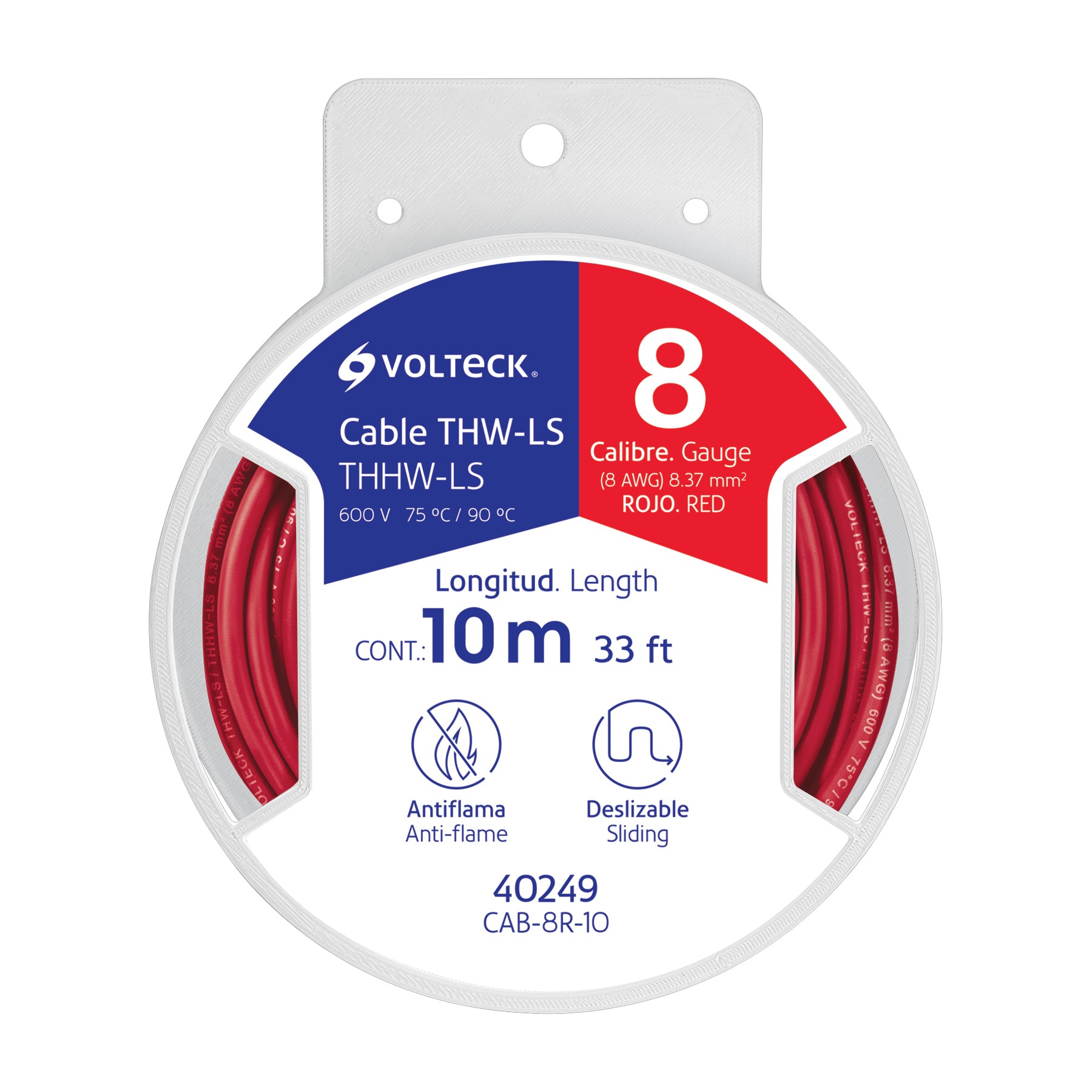 Carrete con 10 m de cable THHW-LS 8 AWG rojo, Volteck CAB-8R-10 40249 MM1