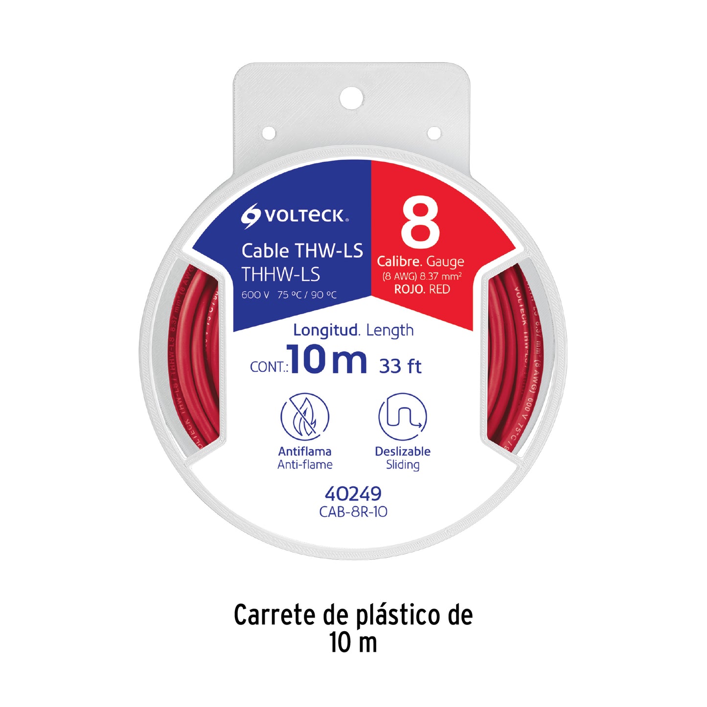 Carrete con 10 m de cable THHW-LS 8 AWG rojo, Volteck CAB-8R-10 40249 MM1