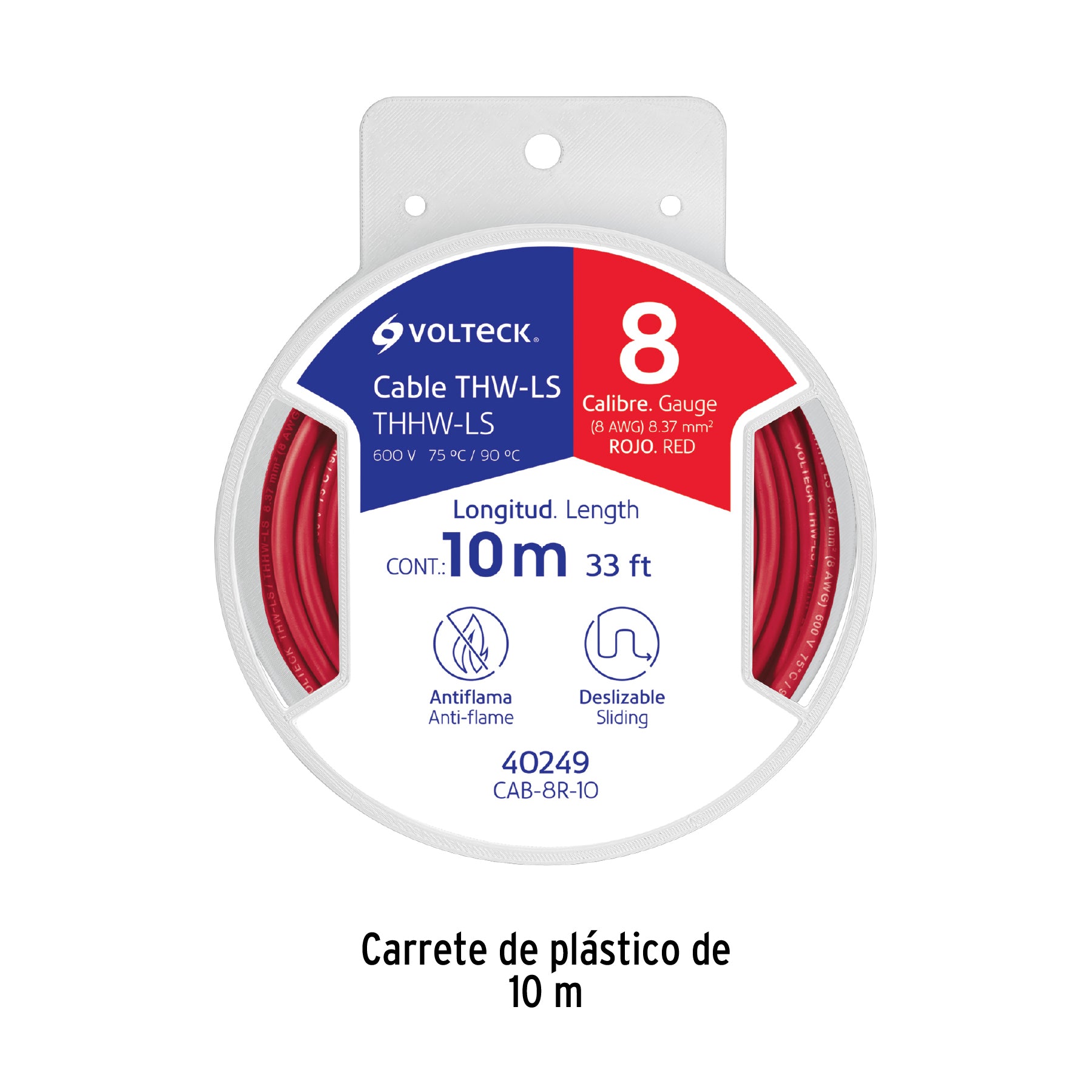 Carrete con 10 m de cable THHW-LS 8 AWG rojo, Volteck CAB-8R-10 40249 MM1