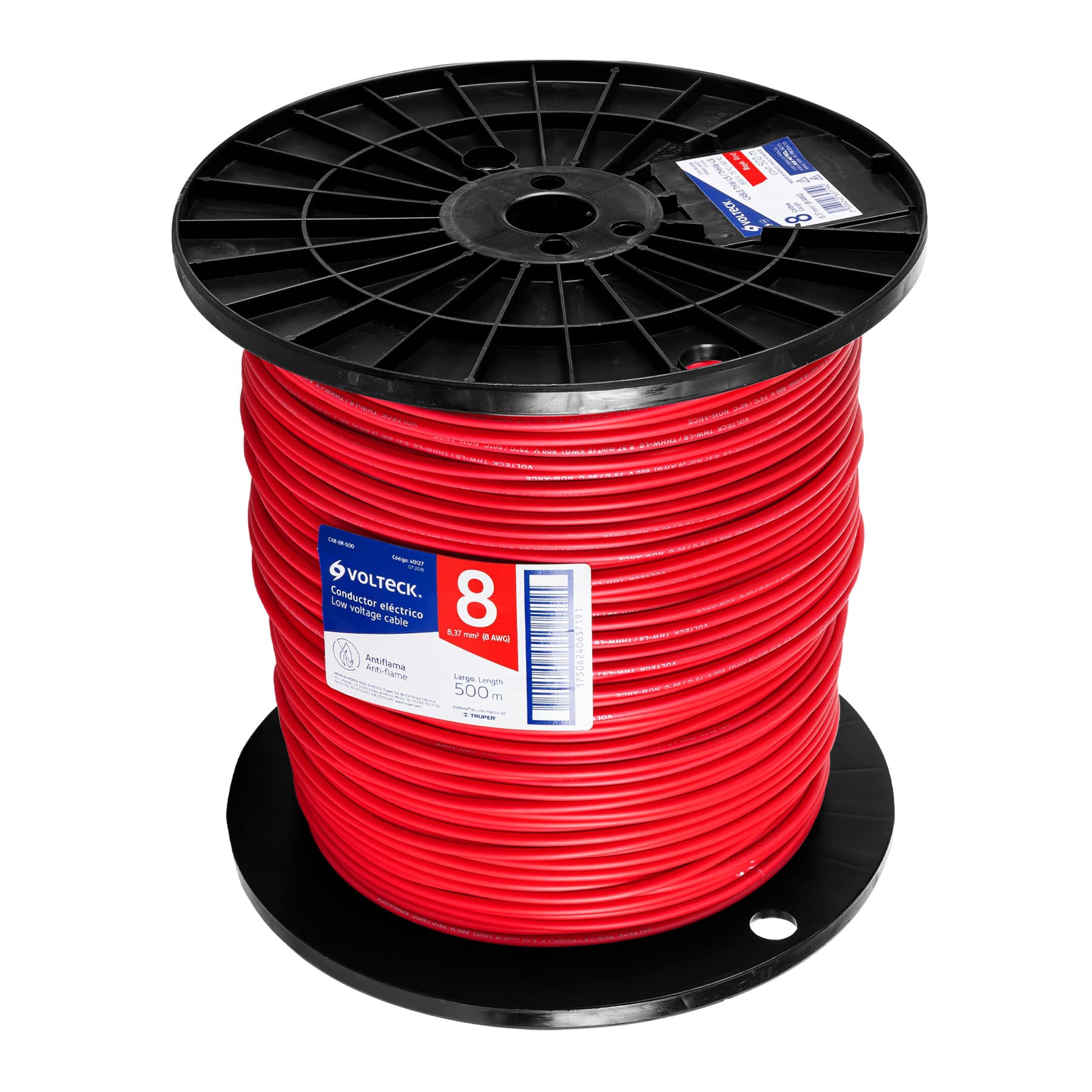 Metro de cable THHW-LS 8 AWG rojo en carrete de 500 m CAB-8R-500 40127 MM2