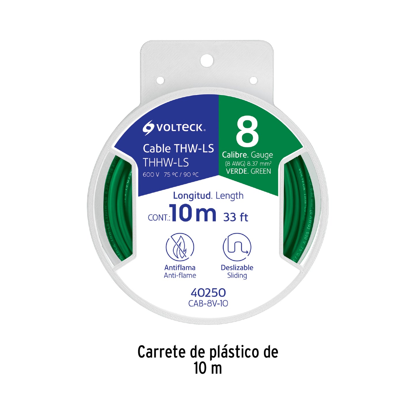 Carrete con 10 m de cable THHW-LS 8 AWG verde, Volteck CAB-8V-10 40250 MM1