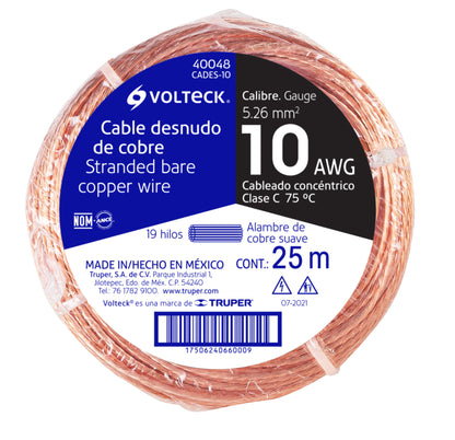 Metro de cable desnudo de cobre calibre 10 AWG, rollo 25 m CADES-10 40048 MM1