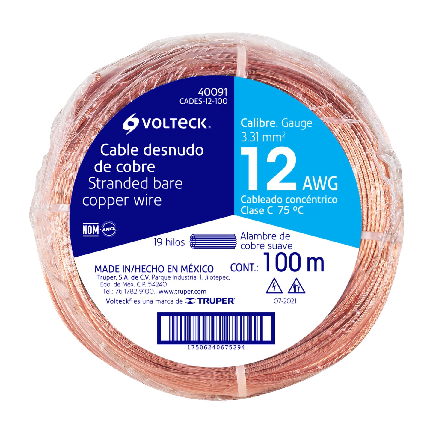 Metro de cable desnudo de cobre calibre 12 AWG, rollo 100 m CADES-12-100 40091 MM1