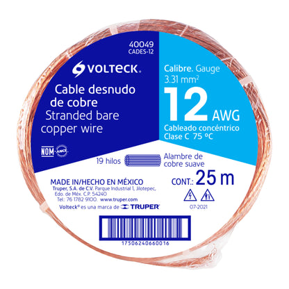 Metro de cable desnudo de cobre calibre 12 AWG, rollo 25 m CADES-12 40049 MM1