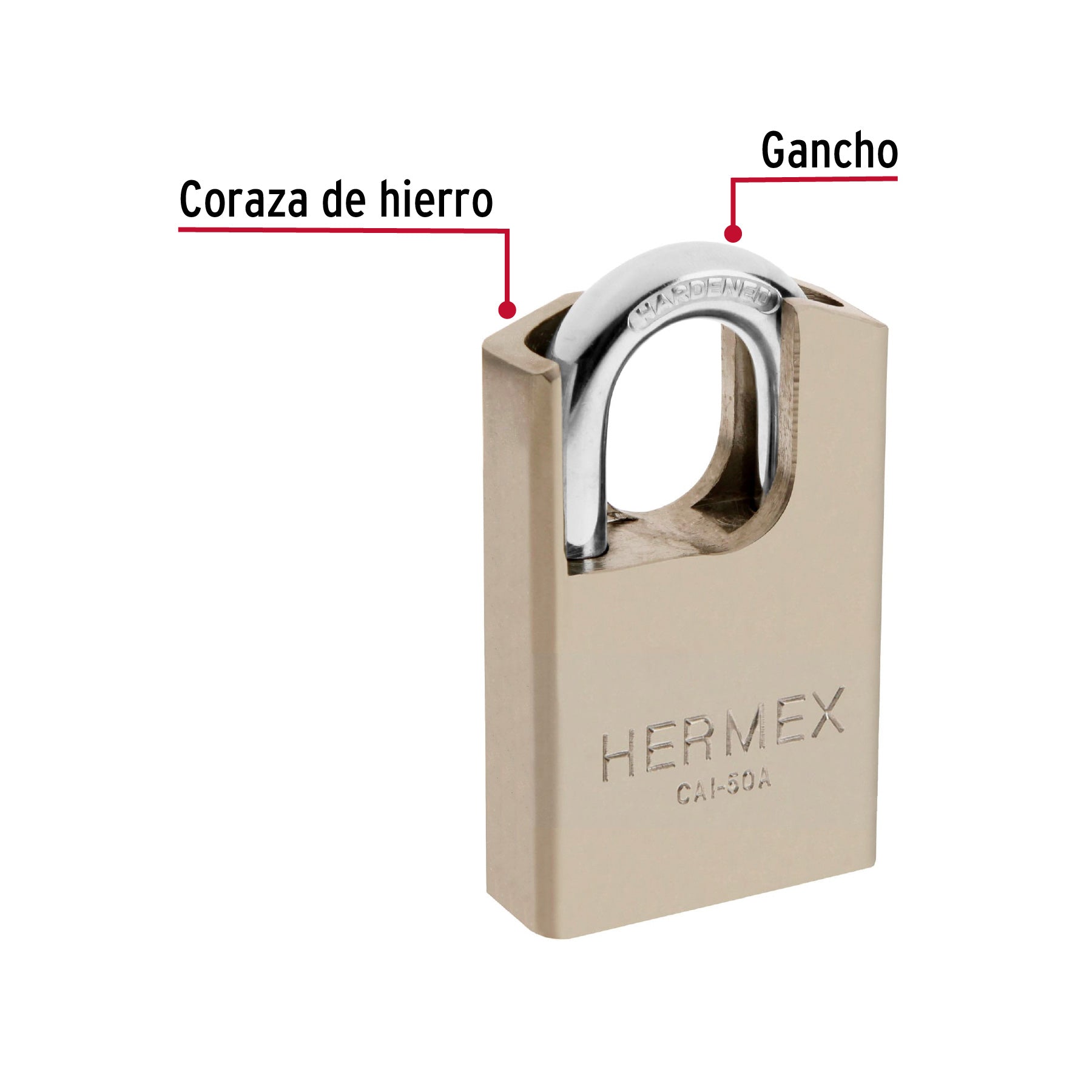 Candado de acero, máxima seguridad, 50mm, llave anti-ganzúa CAI-50A 43334 MM0