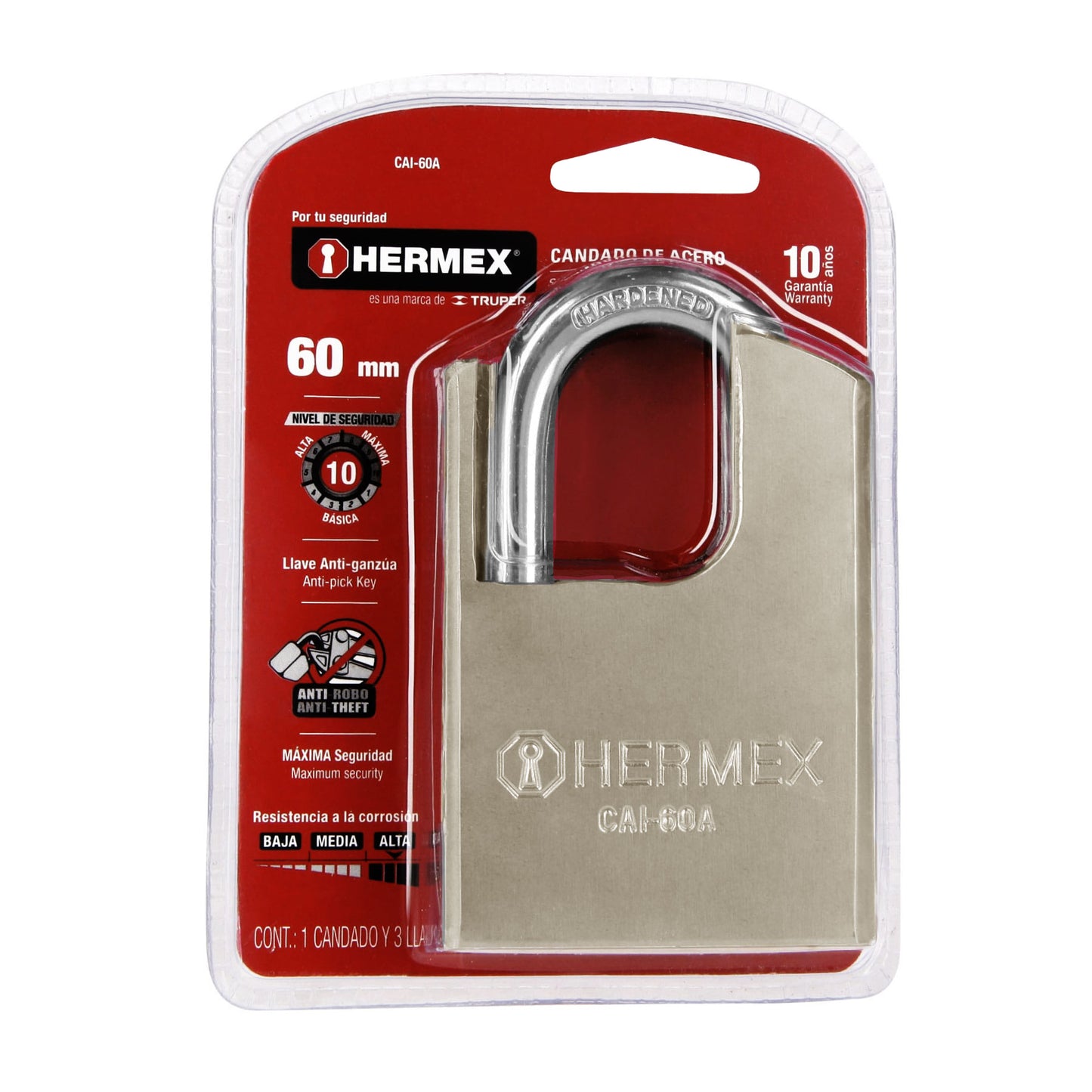 Candado de acero, máxima seguridad, 60mm, llave anti-ganzúa CAI-60A 43335 MM0