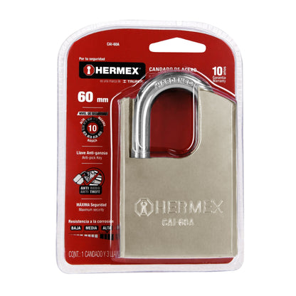 Candado de acero, máxima seguridad, 60mm, llave anti-ganzúa CAI-60A 43335 MM0