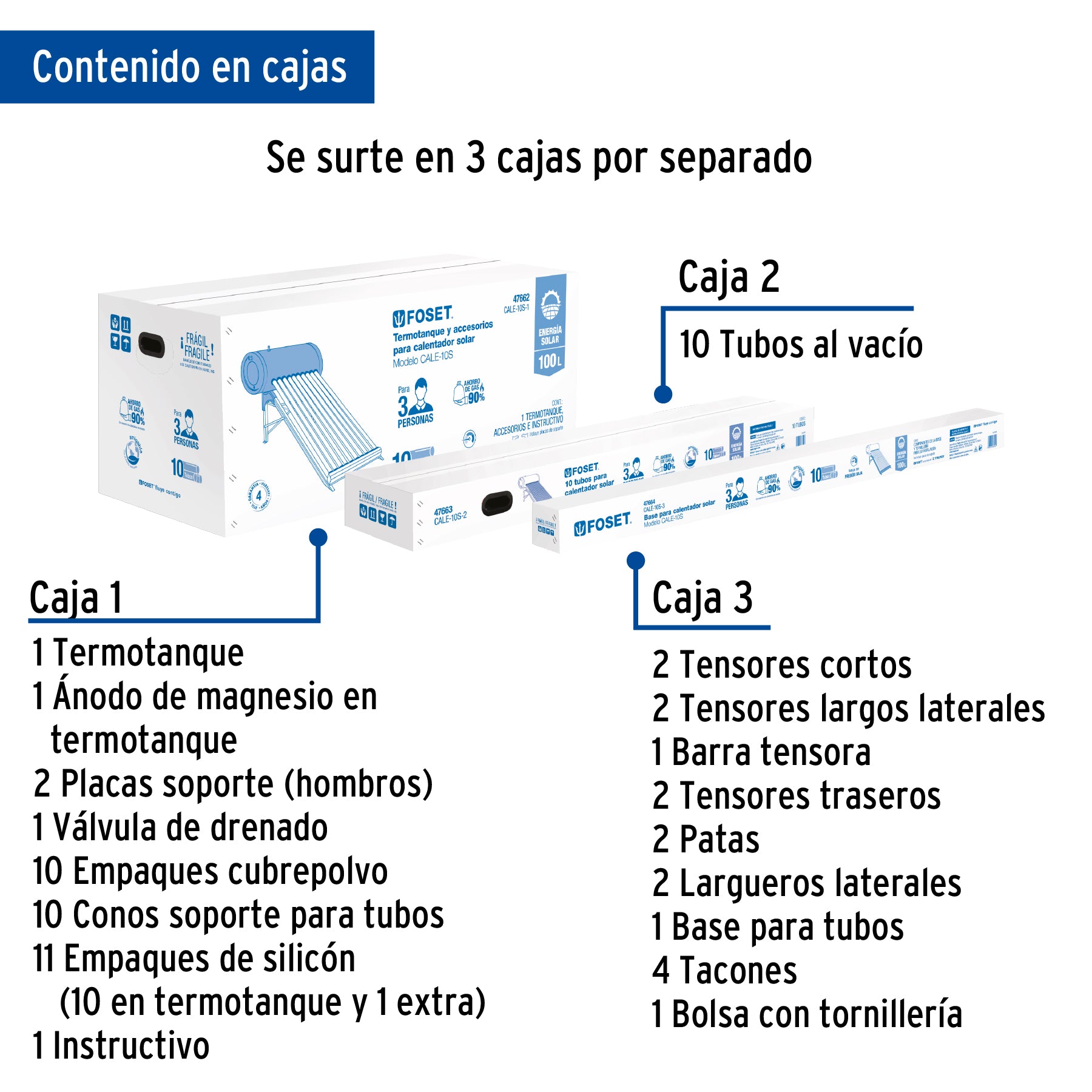 Calentador solar de agua 10 tubos, 130L, 3 personas, Foset CALE-10S 45270 MM00