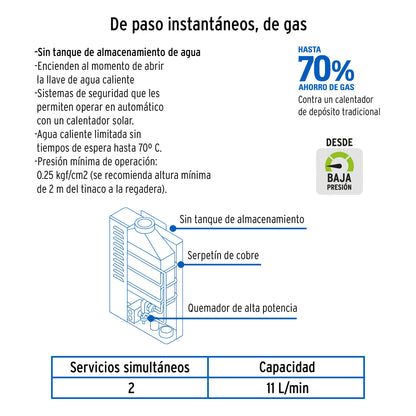 Calentador instantáneo, 11L, 2 servicios, gas LP, Foset CALE-11I 43050 MM00