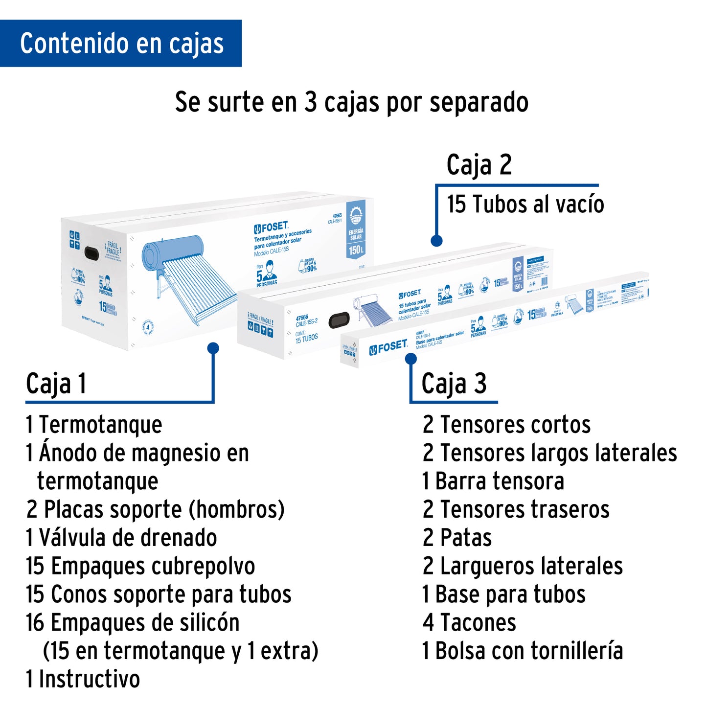 Calentador solar de agua, 15 tubos, 195L, 5 personas, Foset CALE-15S 45272 MM00