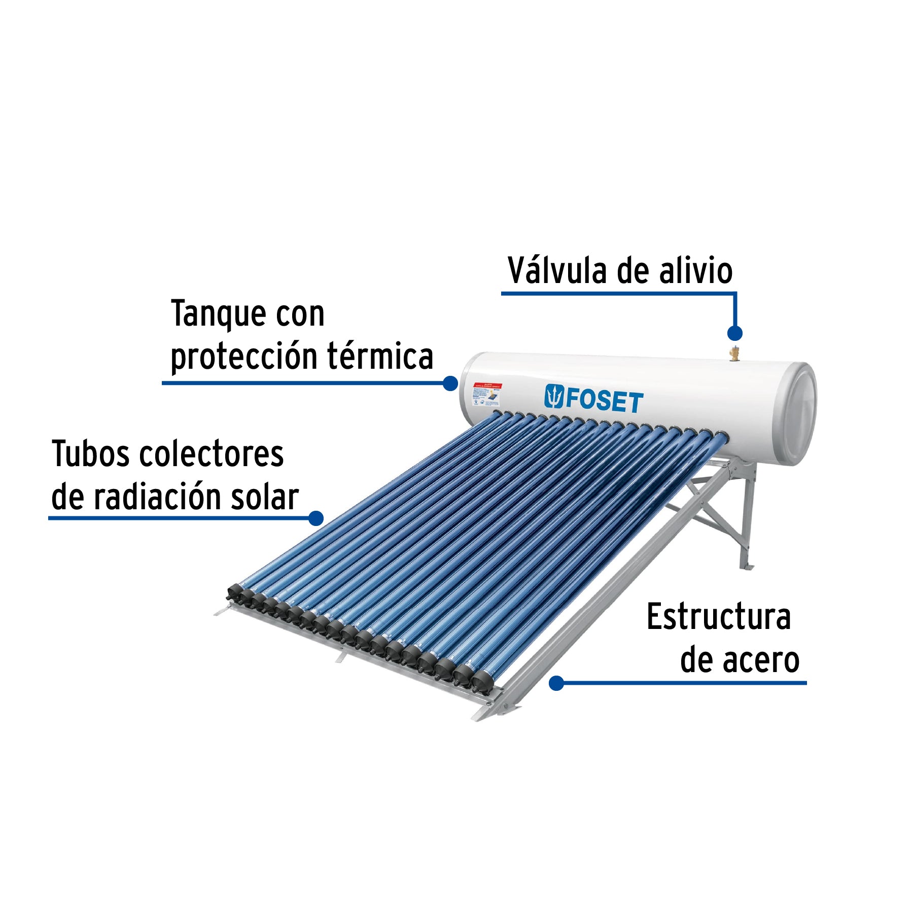 Calentador solar HeatPipe, 18 tubos, 200L, 5 personas, Foset CALE-18HS 49966 MM00