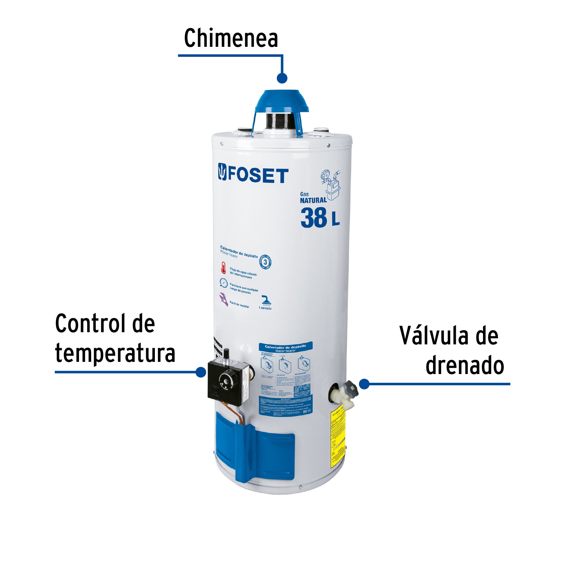 Calentador de depósito, 38L, 1 servicio, gas natural, Foset CALE-38D-N 45243 MM1