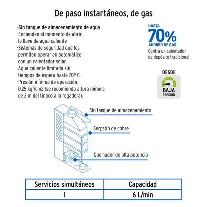 Calentador instantáneo, 6L, 1 servicio, gas natural, Foset CALE-6I-N 47352 MM00