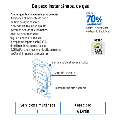 Calentador instantáneo, 6L, 1 servicio, gas LP, Foset CALE-6I 45271 MM00