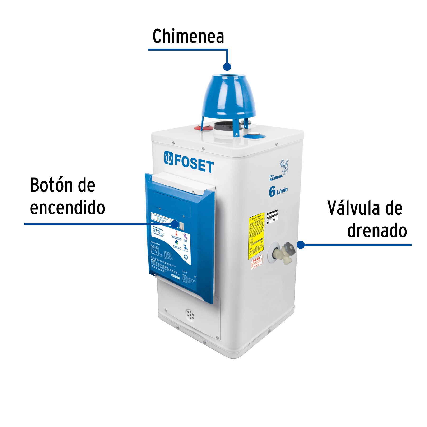 Calentador de paso, electrónico 6L, 1 servicio,gas nat,Foset CALE-6P-EN 45246 MM1