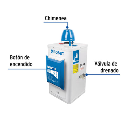 Calentador de paso, electrónico 6L, 1 servicio,gas LP, Foset CALE-6P-E 45277 MM1