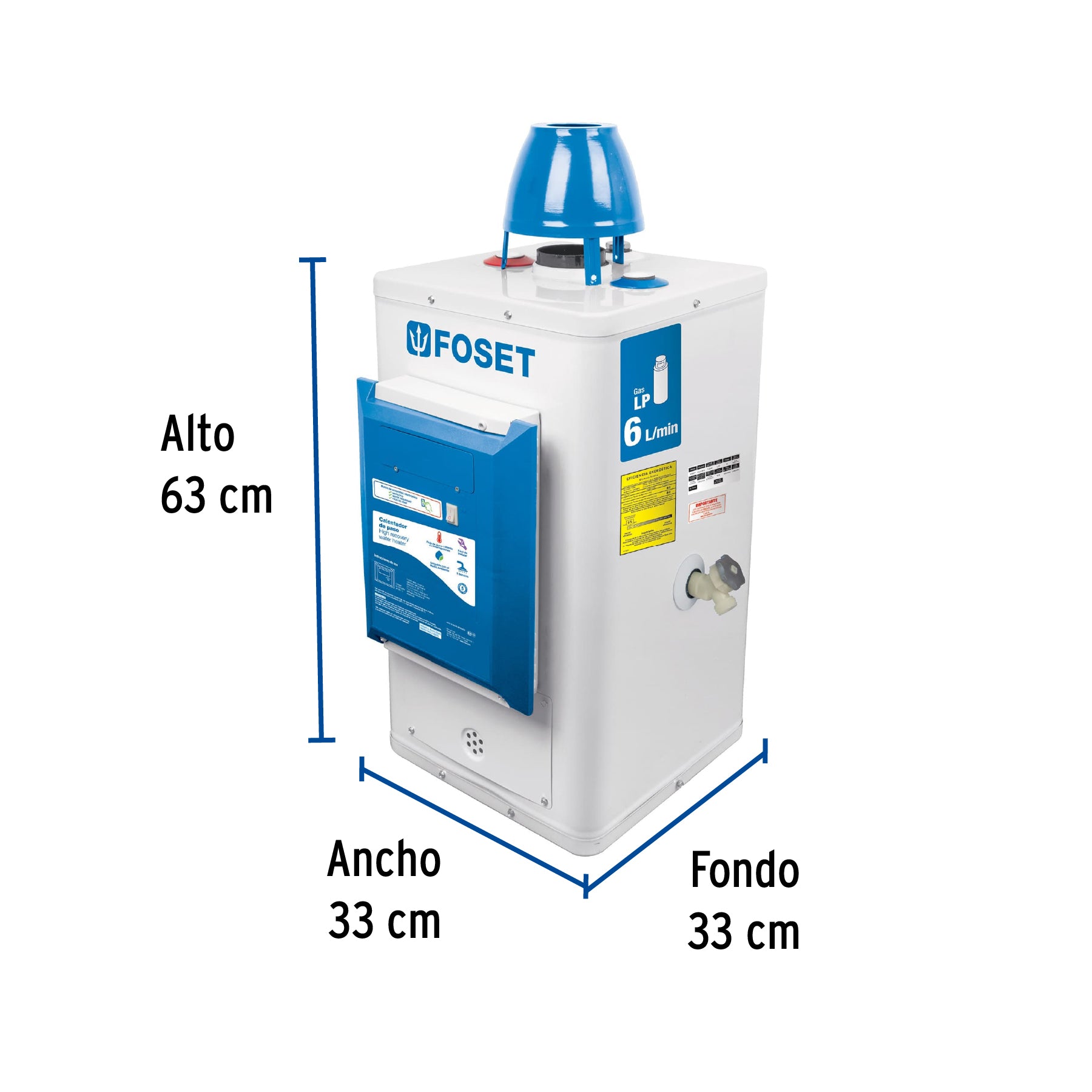 Calentador de paso, electrónico 6L, 1 servicio,gas LP, Foset CALE-6P-E 45277 MM1