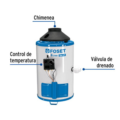 Calentador de paso, rápida recup, 6L, 1 serv, gas LP, Foset CALE-6PA 47921 MM1