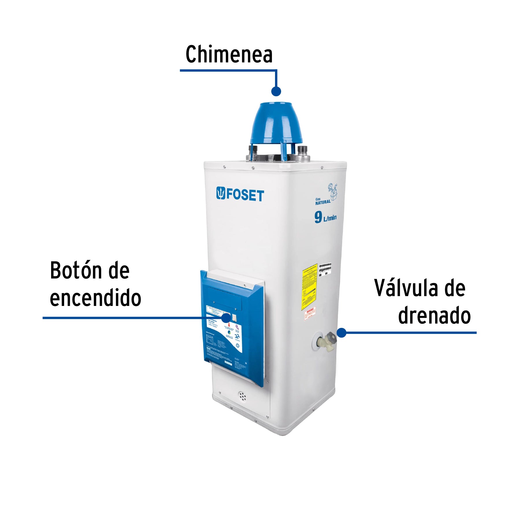 Calentador de paso, electrónico, 9L, 2 serv, gas nat, Foset CALE-9P-EN 45247 MM1