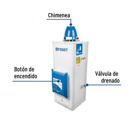 Calentador de paso, electrónico,9L, 2 servicios,gas LP,Foset CALE-9P-E 45278 MM1