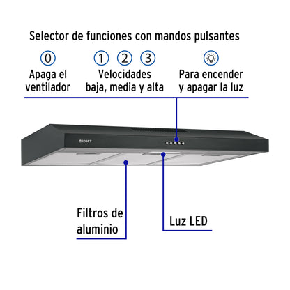 Campana extractora 80 cm, empotrable, negra, Foset CAME-80M 49487 MM0