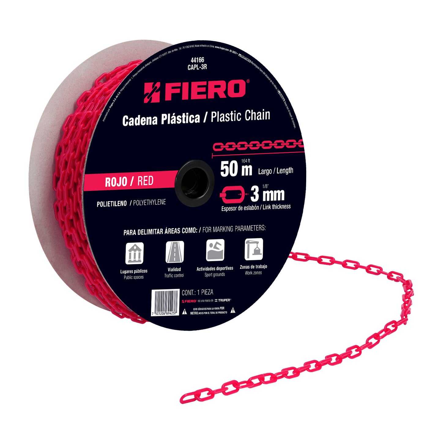 Metro de cadena de 3 mm de plástico roja, carrete de 50 m CAPL-3R 44166 MM00