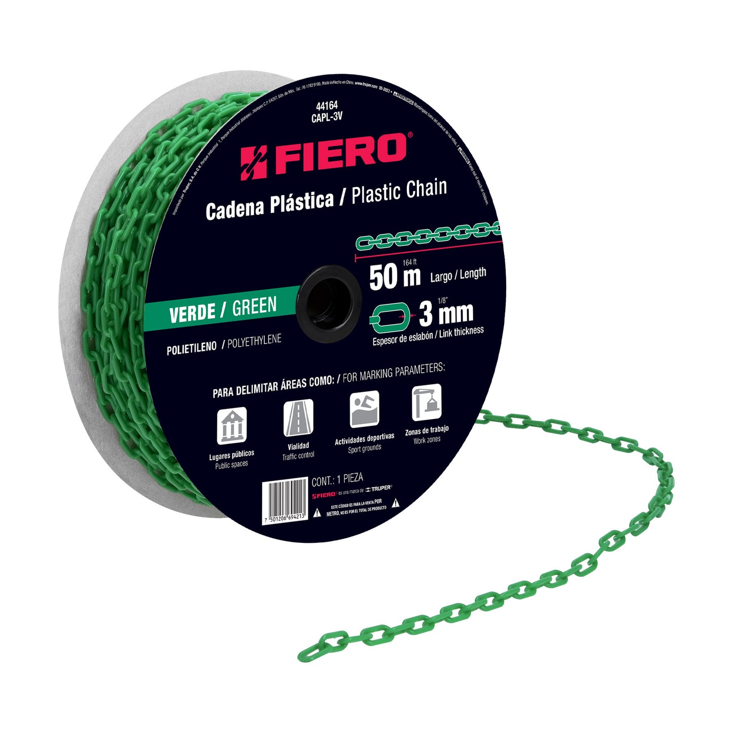 Metro de cadena de 3 mm de plástico verde, carrete de 50 m CAPL-3V 44164 MM00