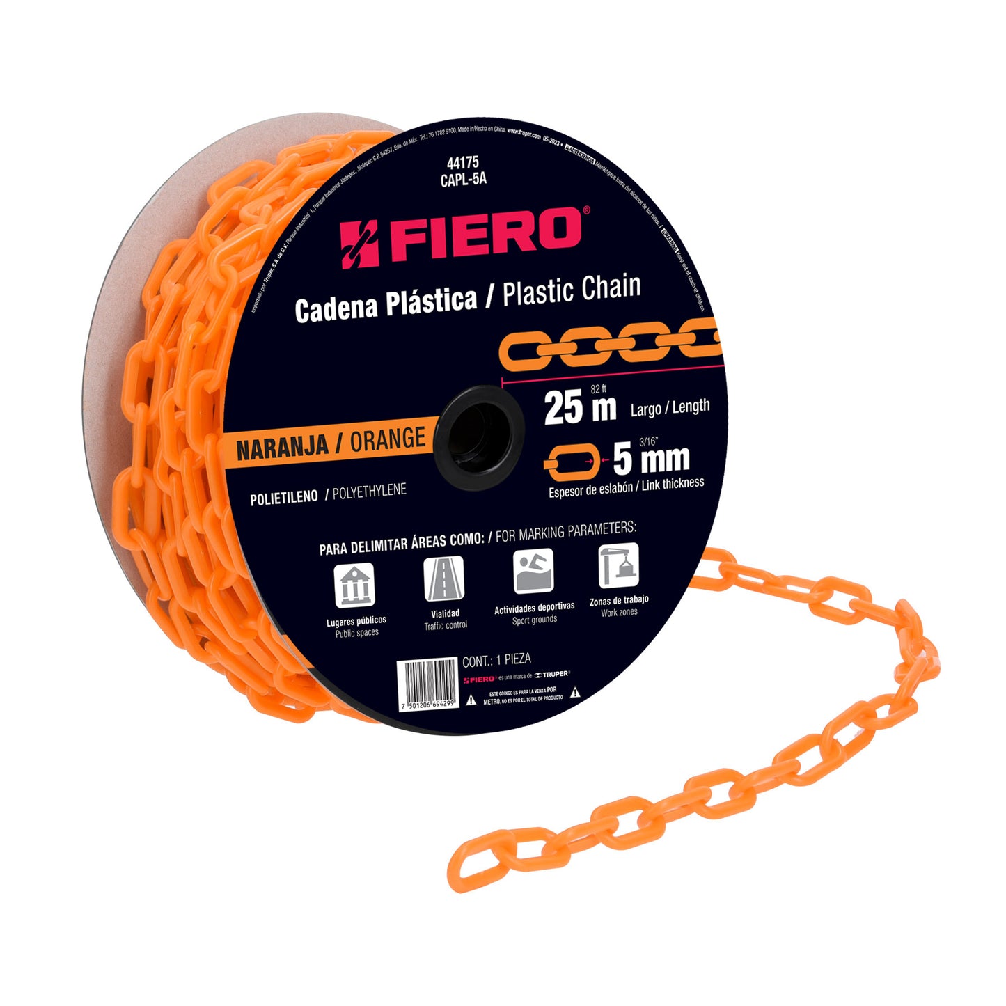 Metro de cadena de 5 mm de plástico naranja, carrete de 25 m CAPL-5A 44175 MM00