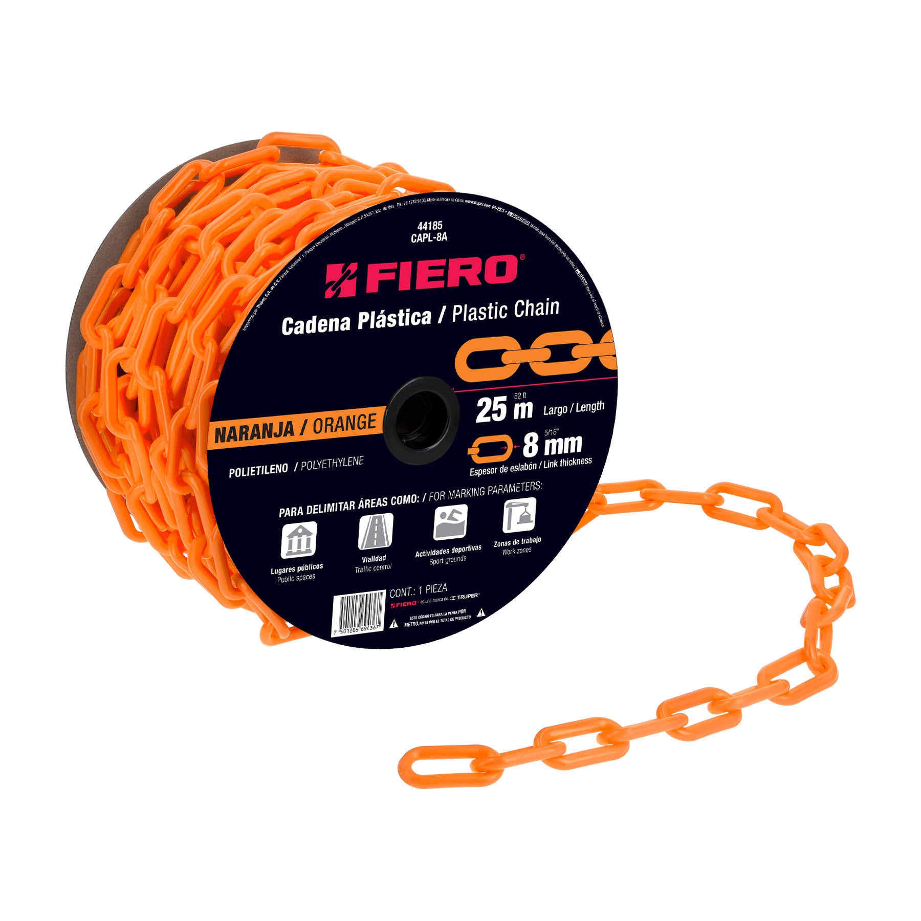 Metro de cadena de 8 mm de plástico naranja, carrete de 25 m CAPL-8A 44185 MM00