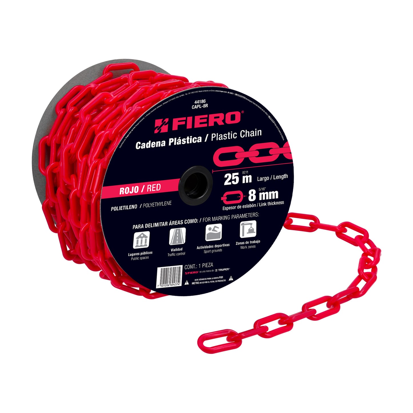 Metro de cadena de 8 mm de plástico roja, carrete de 25 m CAPL-8R 44186 MM00