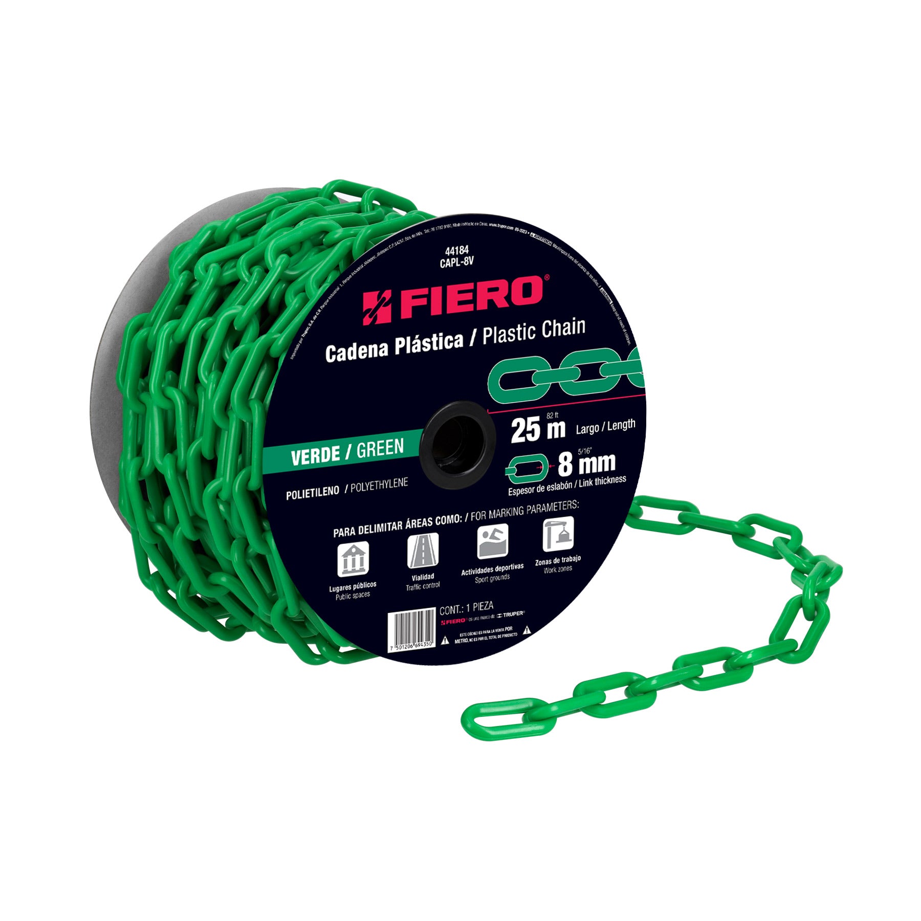 Metro de cadena de 8 mm de plástico verde, carrete de 25 m CAPL-8V 44184 MM00