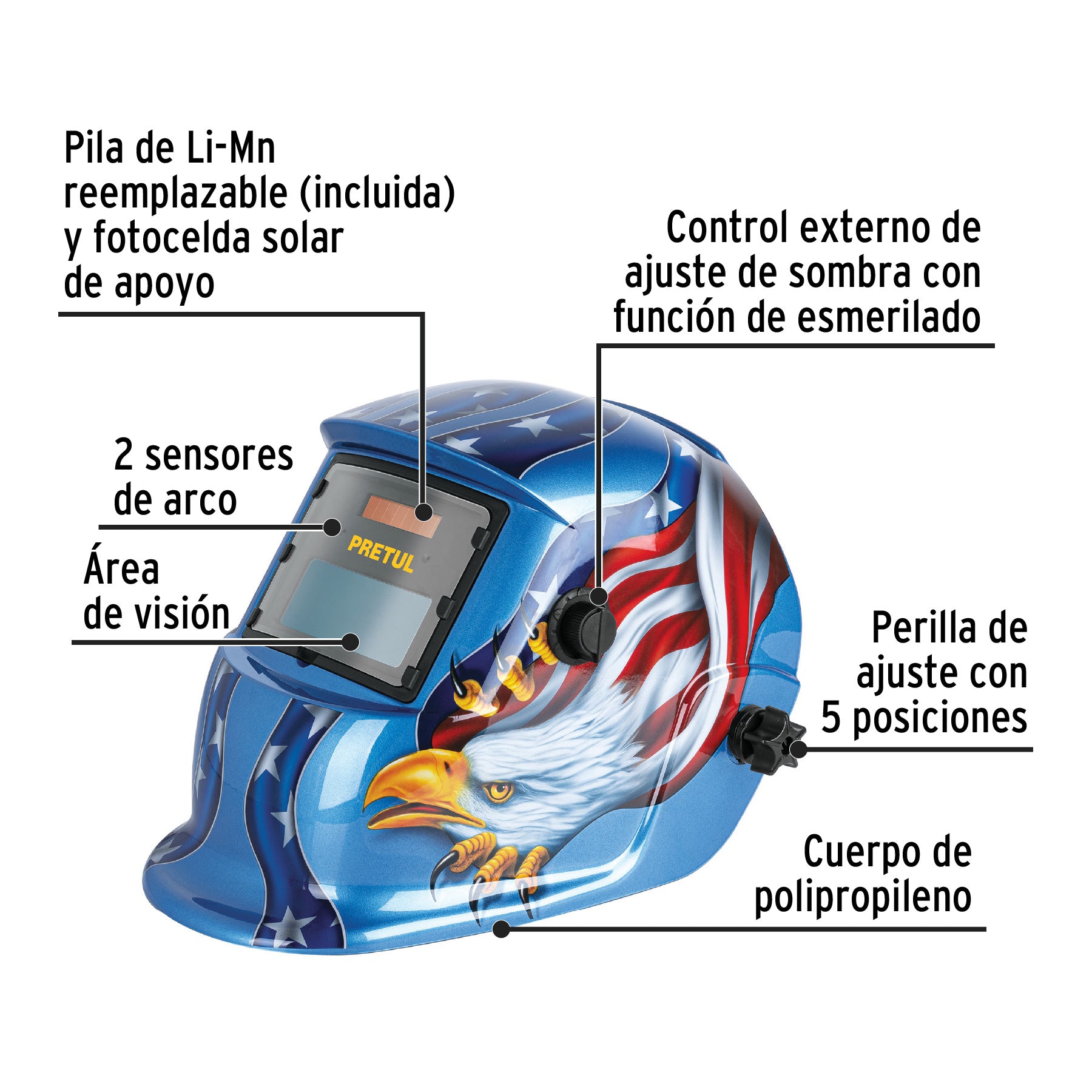 Careta electrónica p/soldar, águila, sombra 9 a 13, Pretul CAREL-11AP 29011 MM00