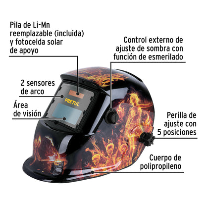 Careta electrónica p/soldar, fuego, sombra 9 a 13, Pretul CAREL-11FP 27355 MM00