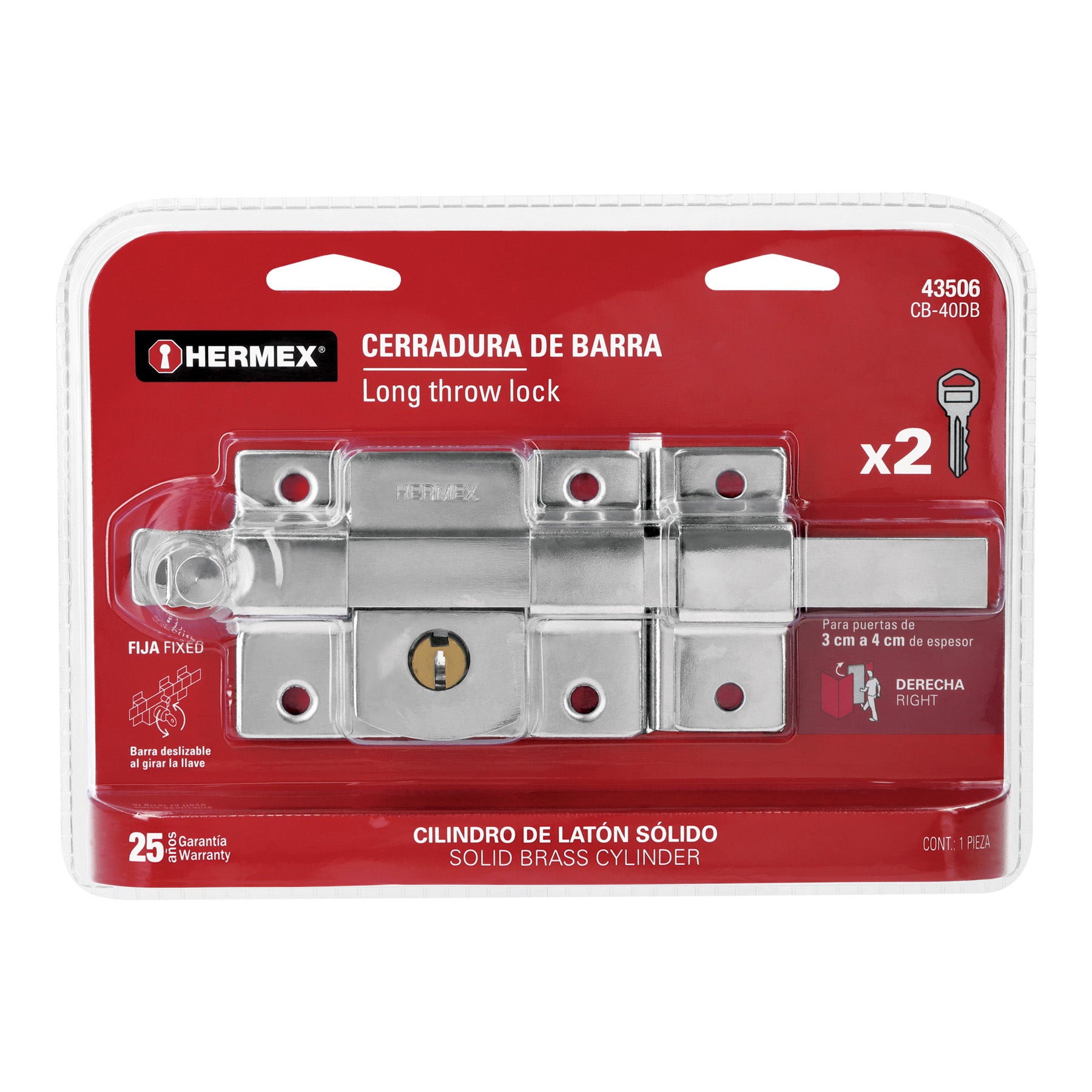 Cerradura de barra fija, derecha, blíster, Hermex CB-40DB 43506 MM1