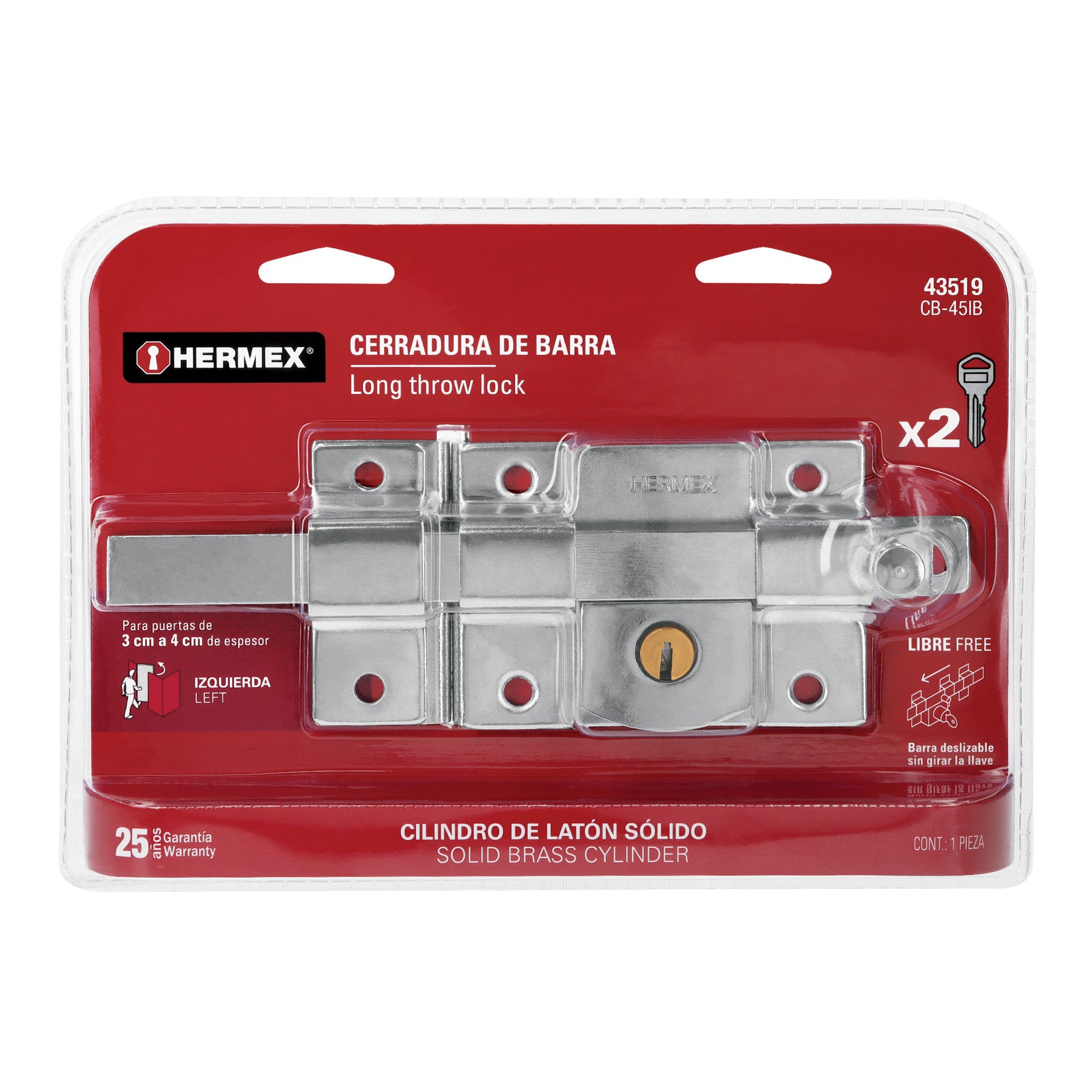 Cerradura de barra libre, izquierda, blíster, Hermex CB-45IB 43519 MM1