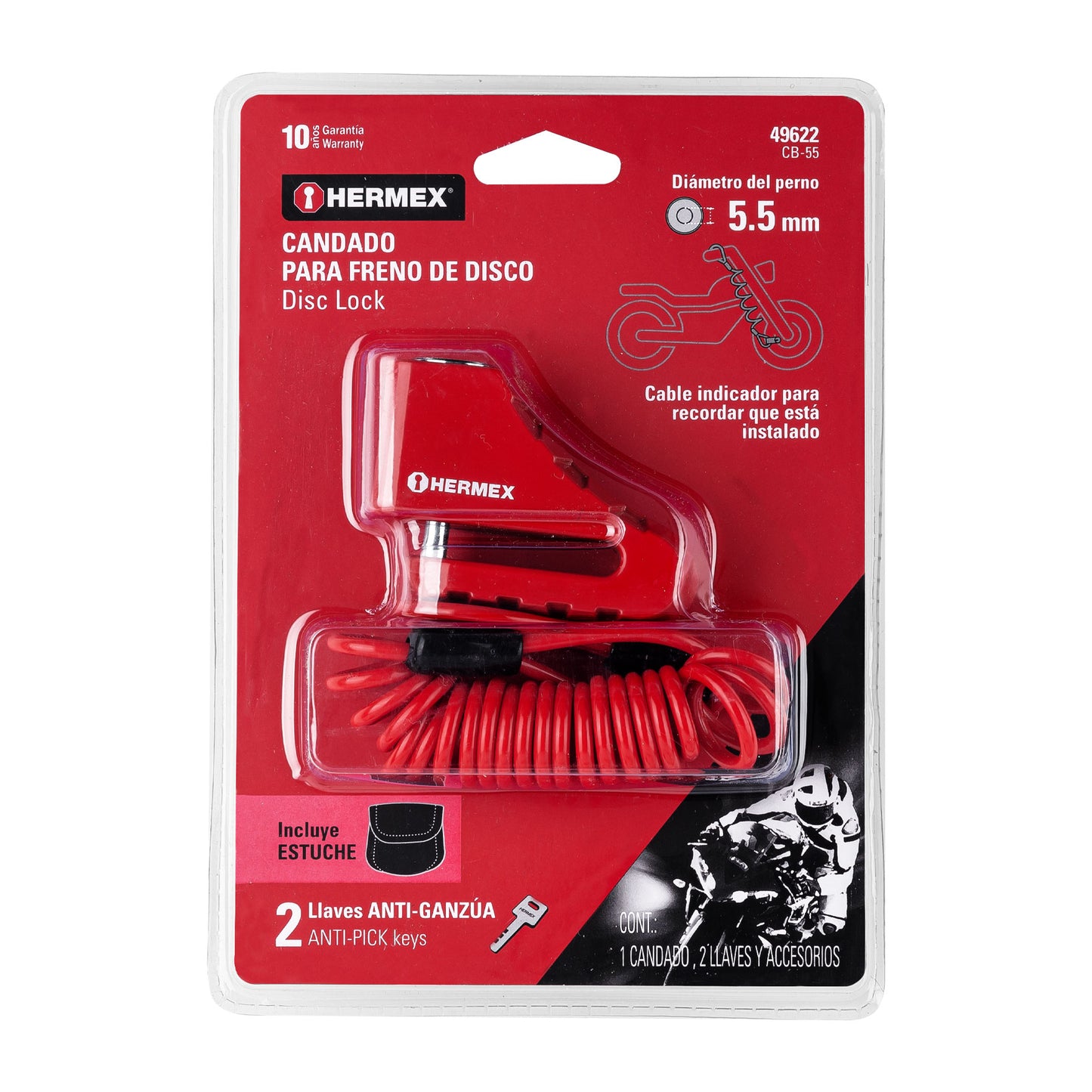 Candado para disco de motocicleta, perno de 5.5 mm, Hermex CB-55 49622 MM0