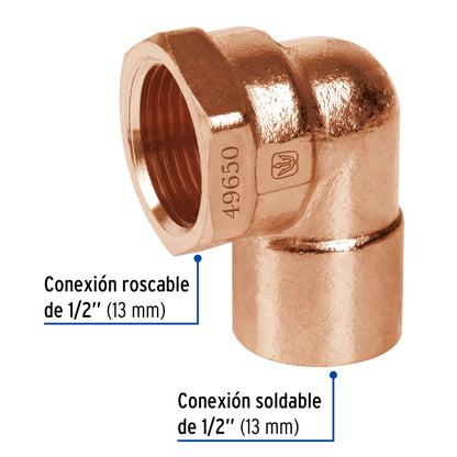 Codo 90° de cobre, rosca interior 1/2', Foset CC-501 49650 MM00