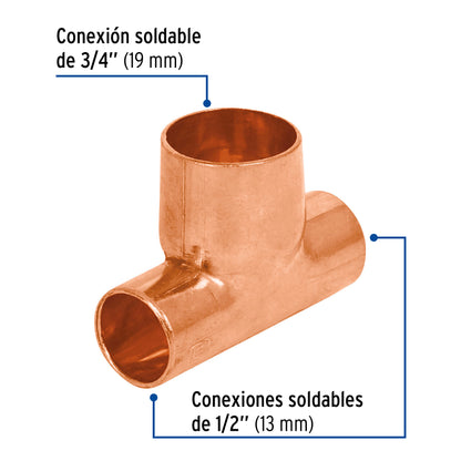 Tee reducida de cobre 1/2' x 1/2' x 3/4', Foset CC-721 49741 MM00