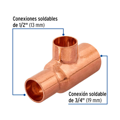 Tee reducida de cobre 3/4' x 1/2' x 1/2', Foset CC-722 49742 MM00