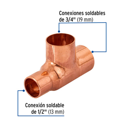 Tee reducida de cobre 3/4' x 1/2' x 3/4', Foset CC-723 49743 MM00