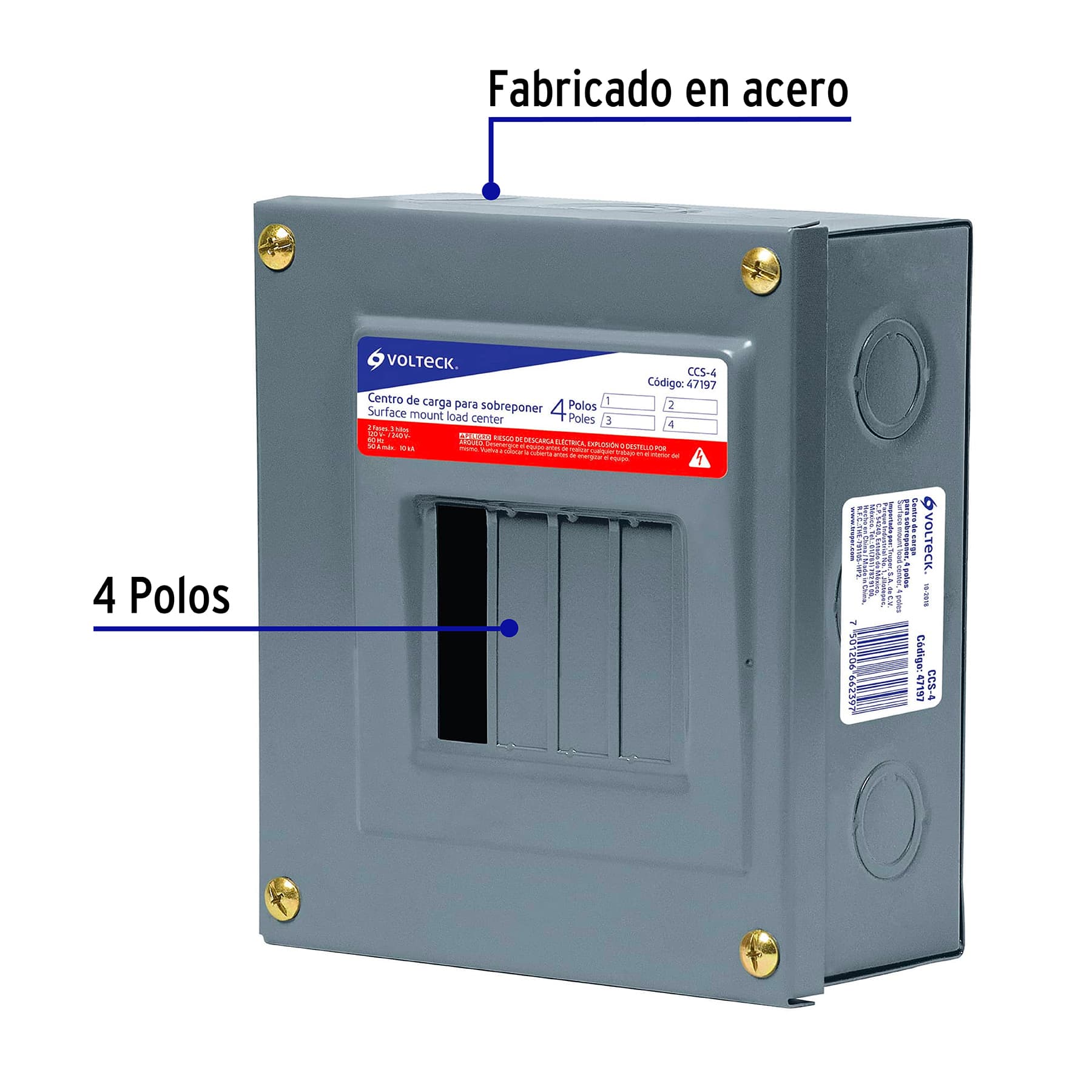 Centro de carga de sobreponer, 4 polos, Volteck CCS-4 47197 MM0