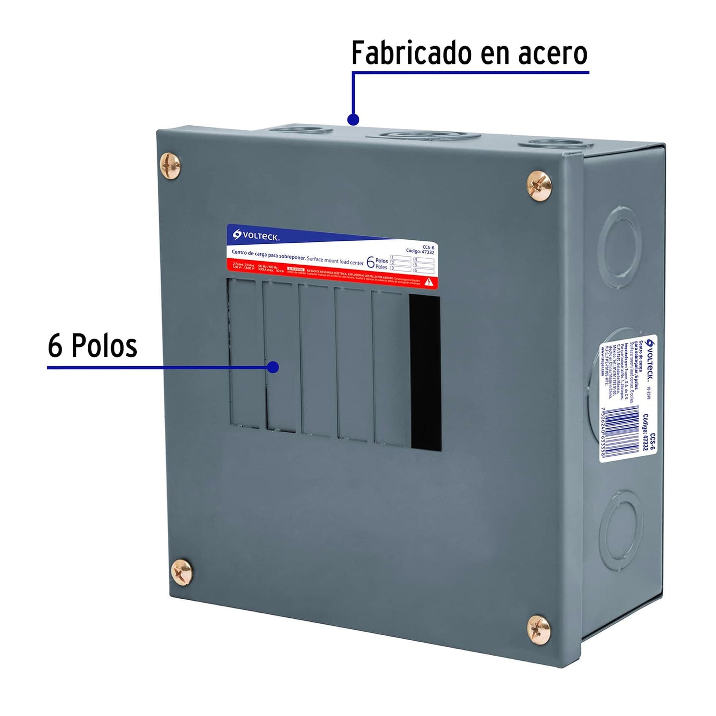 Centro de carga de sobreponer, 6 polos, Volteck CCS-6 47332 MM0