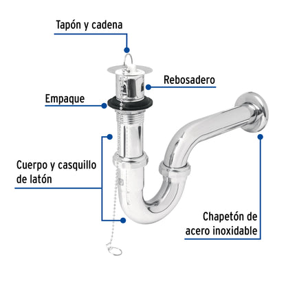 Céspol 1-1/4' c/contra, tapón y cadena, latón cromo,p/lavabo CE-207 49335 MM0