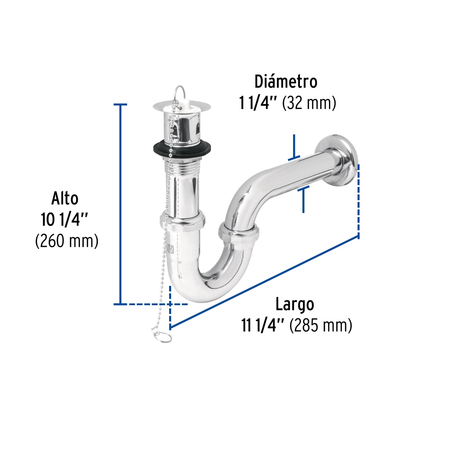 Céspol 1-1/4' c/contra, tapón y cadena, latón cromo,p/lavabo CE-207 49335 MM0