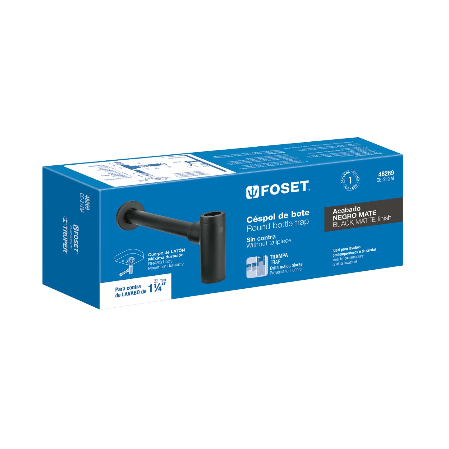 Céspol de bote minimalista 1 1/4', negro, para lavabo, Foset CE-212M 48269 MM00