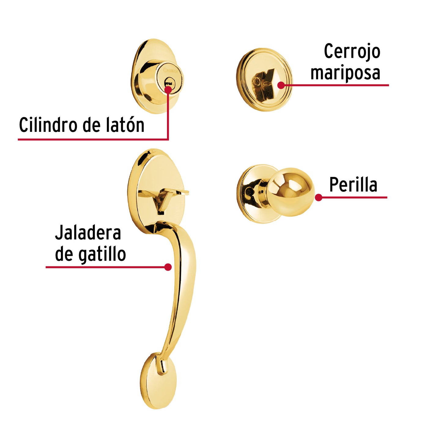 Jaladera, perilla y cerrojo llave-mariposa, latón brillante CEP-11PJ 43021 MM0